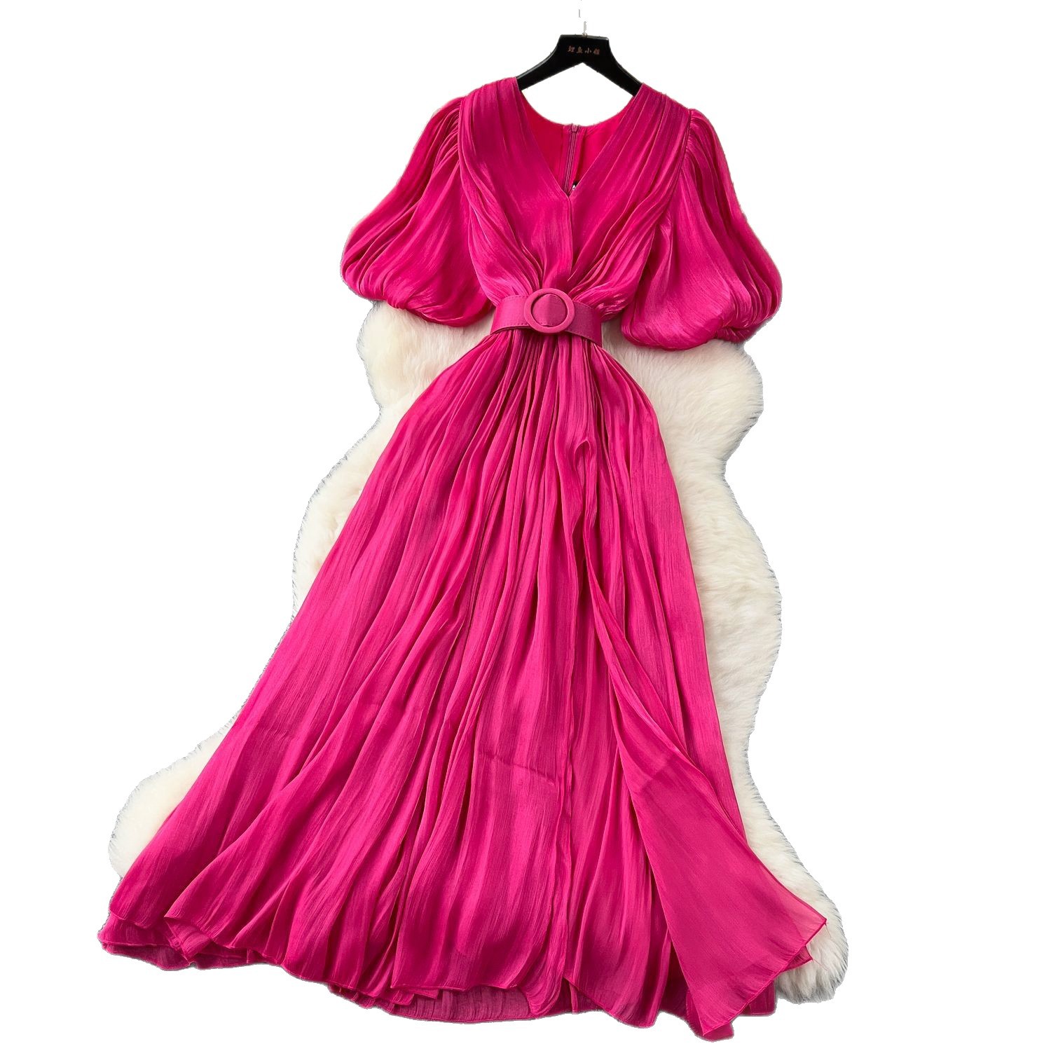 Elegant Puff Sleeve Maxi Dress for Women V Neck High Waist Design Summer Evening Wear
