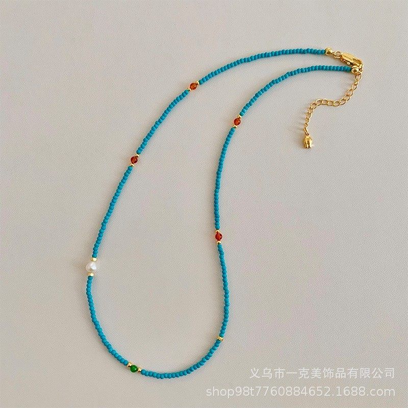 S925 Authentic Fine Natural Freshwater Small Pearl Green Pine Stone Beaded Necklace Women's Light Luxury High Niche Clavicle Chain