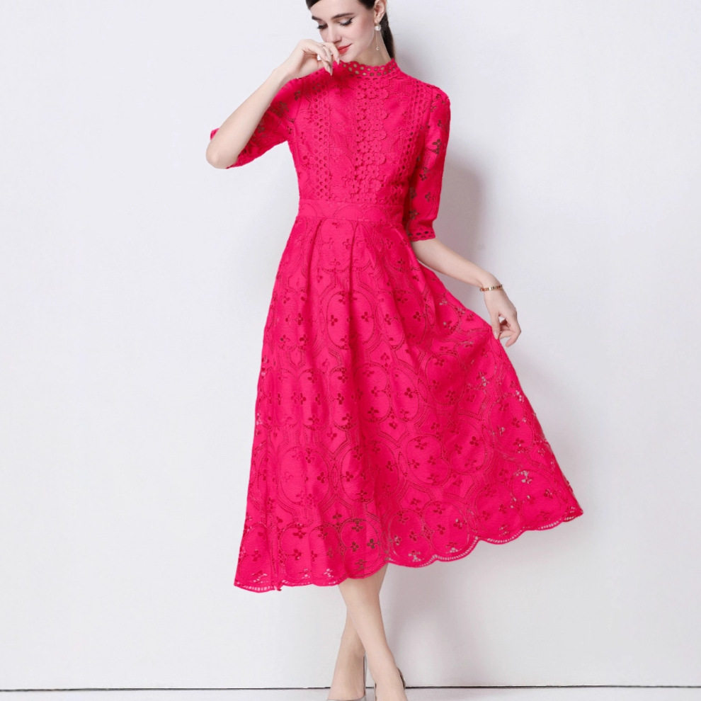 Elegant Womens Long Dress High Quality Water Soluble Lace Hollow Embroidery Waist Defining Slim Fit Perfect for