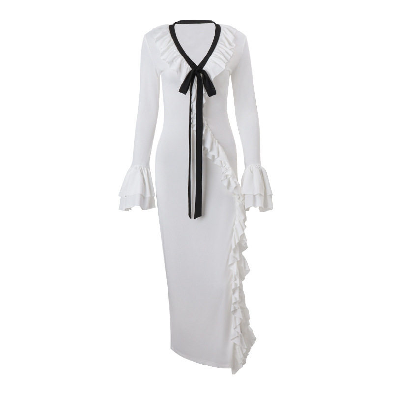 V Neck Ruffled Design Dress Sexy Elegant Long Sleeve Split Hem Winter Collection Wholesale Available