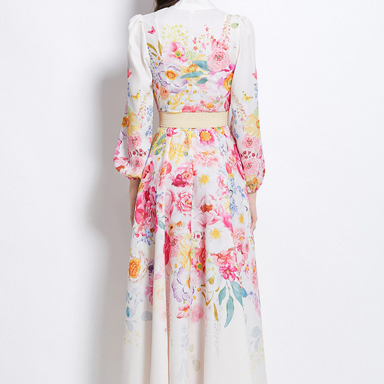 Vintage Floral Print Long Dress Stand Collar Lantern Sleeves Waist Defined Elegant Style Spring Fashion Wholesale