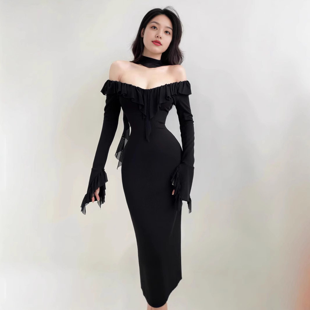Elegant Long Sleeve Bodycon Dress Off Shoulder Design Fringe Detail High Waist Flared Sleeves Perfect for Autumn