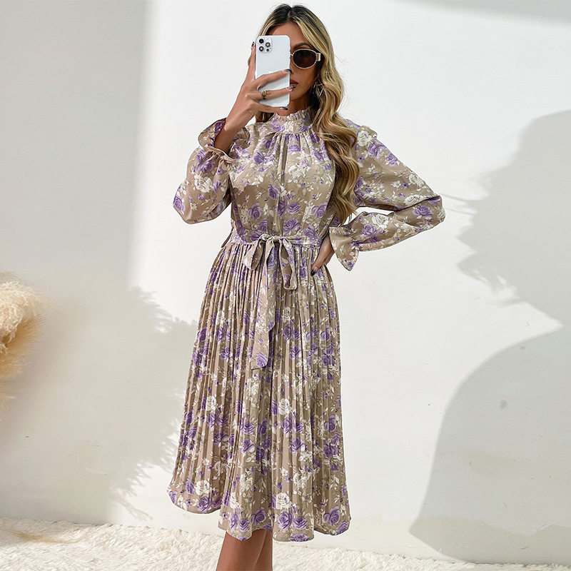 Floral Long Sleeve Midi Dress High Neck Elegant Design Trendy Style Perfect for Parties and Events Wholesale
