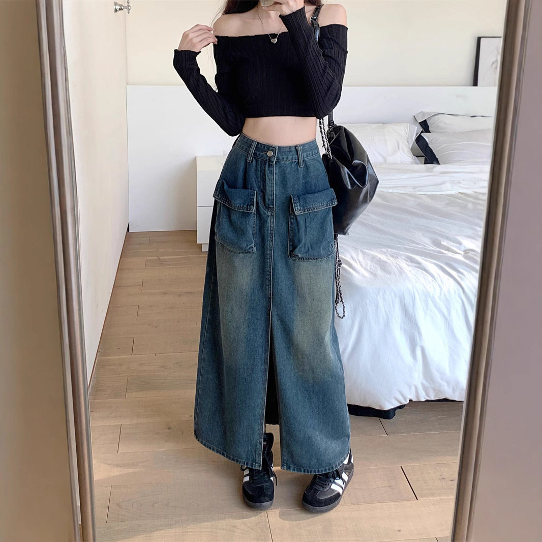 Womens High Waisted Denim Midi Skirt Stylish Elegant Trendy Perfect for Casual Outings Wholesale Available