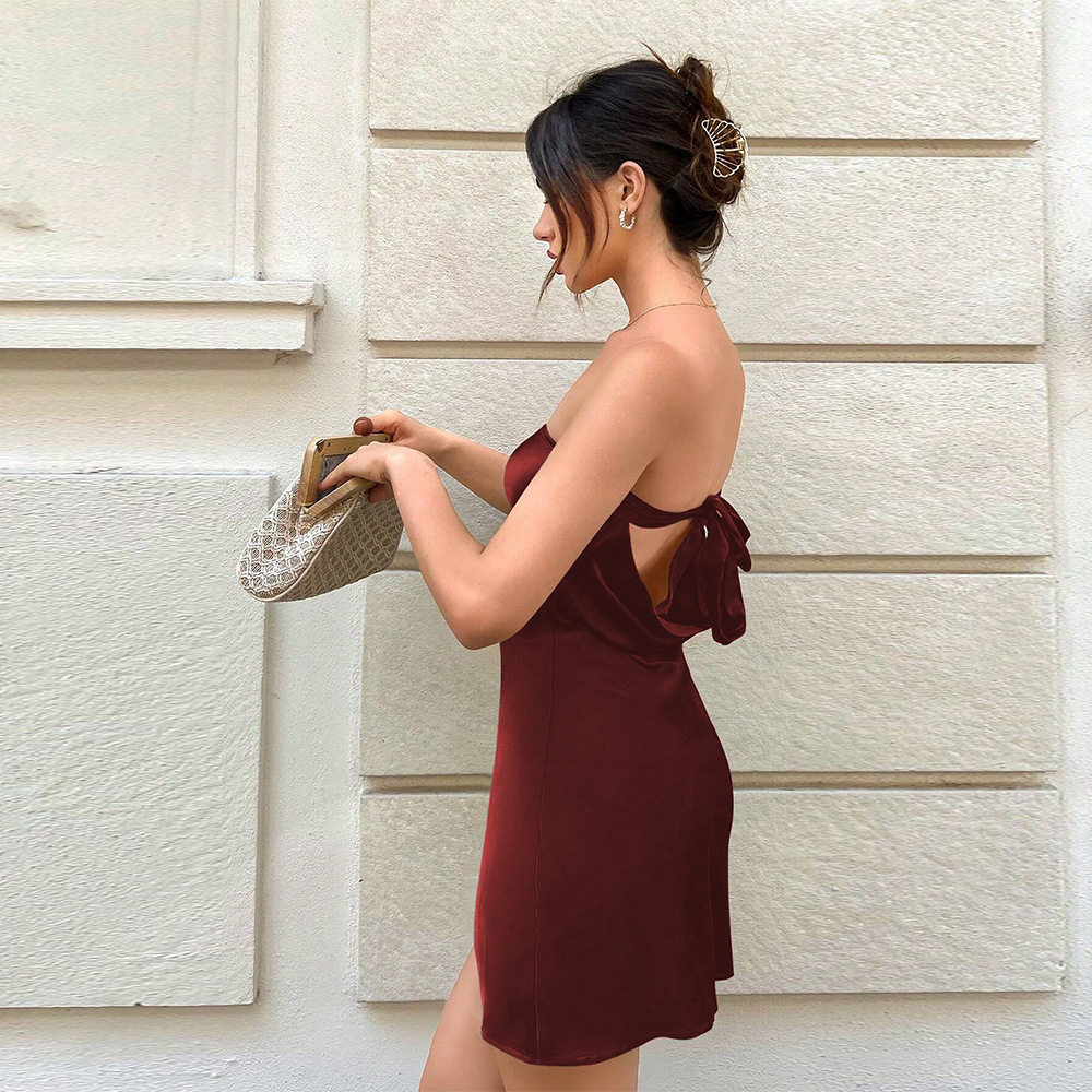 Satin Bodycon Dress Solid Color Off Shoulder Backless Slim Fit Evening Party Wear Wholesale Available