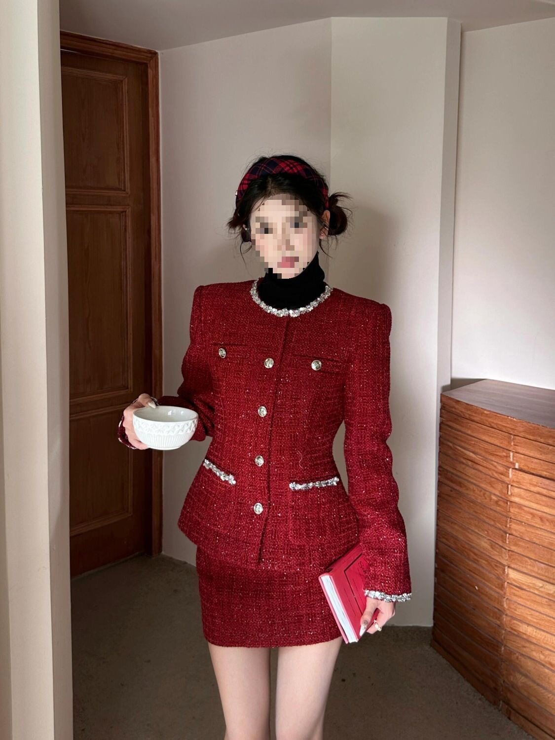 Red Christmas and New Year Suit for Women, New Winter Style, Rich Daughter, Small Fragrance Style Waist Jacket and Skirt Two-Piece Set