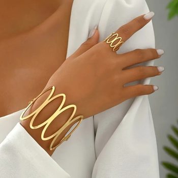 Qingdao Jewelry Cross-Border Stylish Exaggerated Metal Cut Out Bracelet Ring Set Ins Style Versatile Design