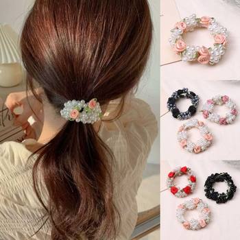 Pearl Hair Ring Hair Rope Advanced Sense Hair Rope Pearl Head Flower Hair Rope Women's Headdress Ball Head Ponytail Hair Ring