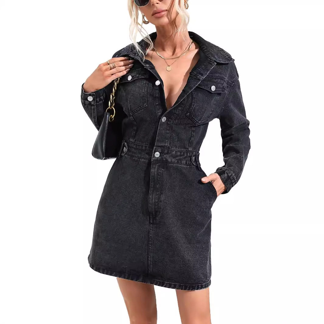 Elegant Denim Dress Trendy Style Chic Fit Versatile for Casual or Formal Occasions Wholesale Available