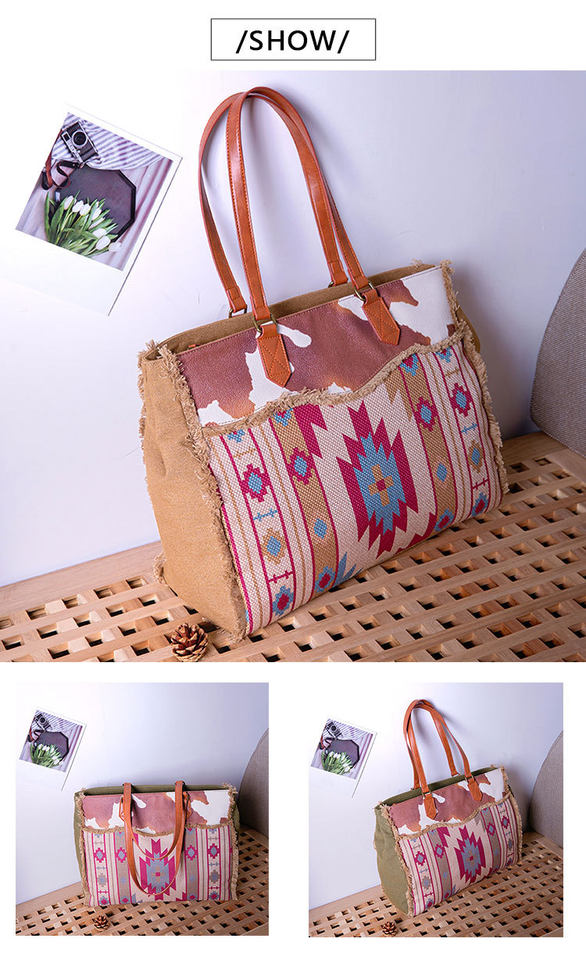 Túi Tote Nữ Vải Canvas Cotton Họa Tiết Bohemian Vintage Đeo Vai, Đeo Chéo, Xách Tay Màu Nâu, Xanh, Đỏ, Be chi tiết 29