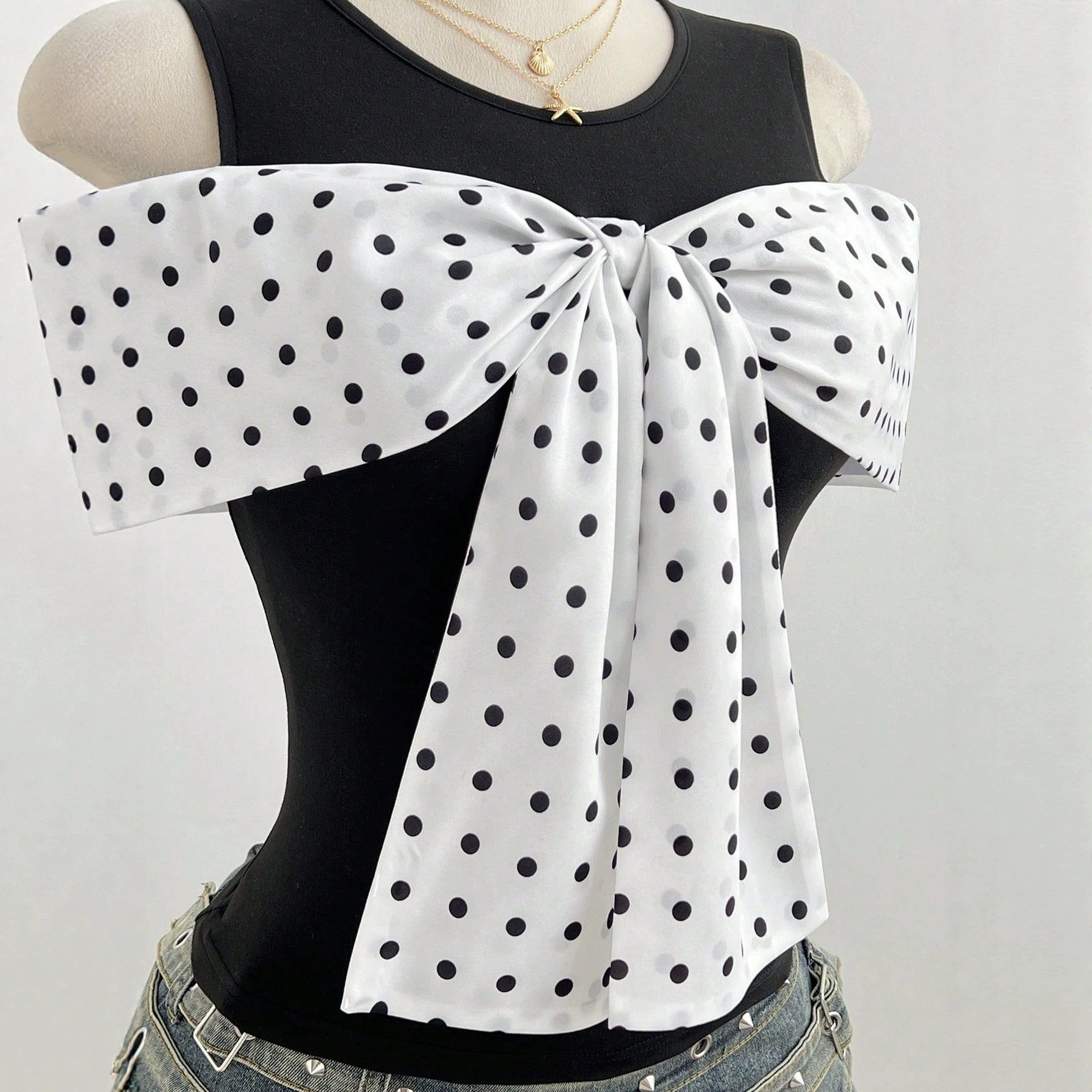 Summer Womens Fitted T Shirt Short Sleeve Bow Tie Detail Polka Dot Print Casual Wear Ready to Ship