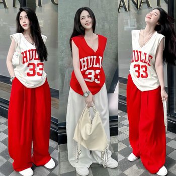 Sleeveless Vest suit Women's Summer New American Style Fashion Loose T-Shirt Wide Leg Pants Casual Fashion Two-piece Set Ins
