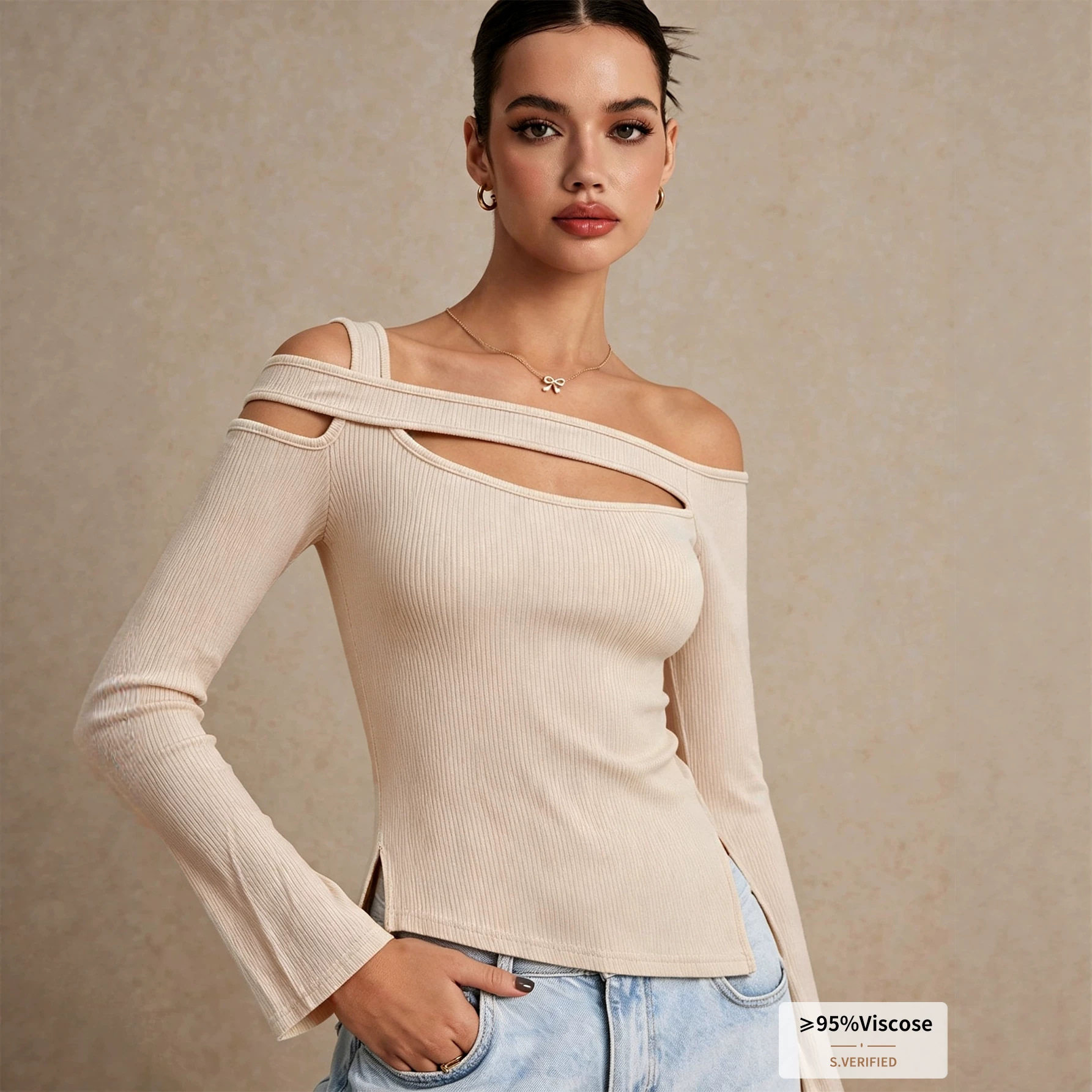 Off Shoulder Hollow Out Knit Top Bell Sleeves Side Slit Slim Fit Autumn Winter Fashion Wholesale Available