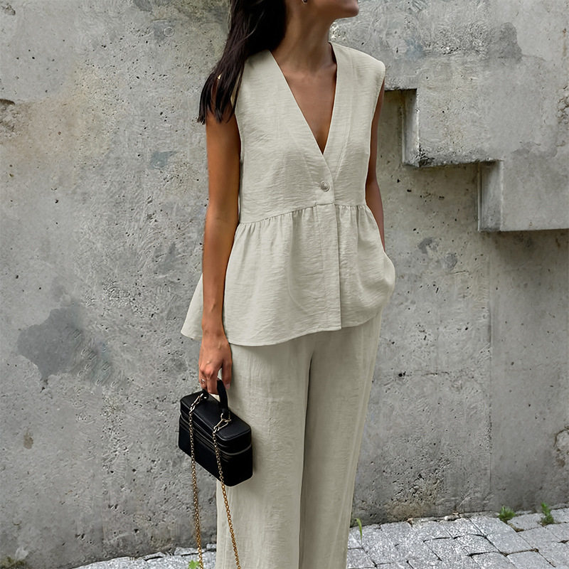 Sleeveless V Neck Vest and Pants Set Sweet Commuter Style Lightweight Linen Blend Wholesale Available