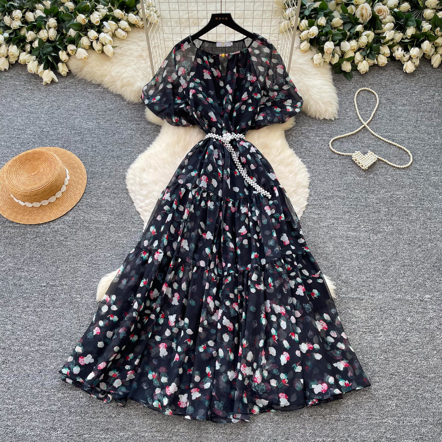 French Style V Neck Floral Dress Short Sleeve Waist Defining A Line Silhouette Summer Vacation Wear Wholesale