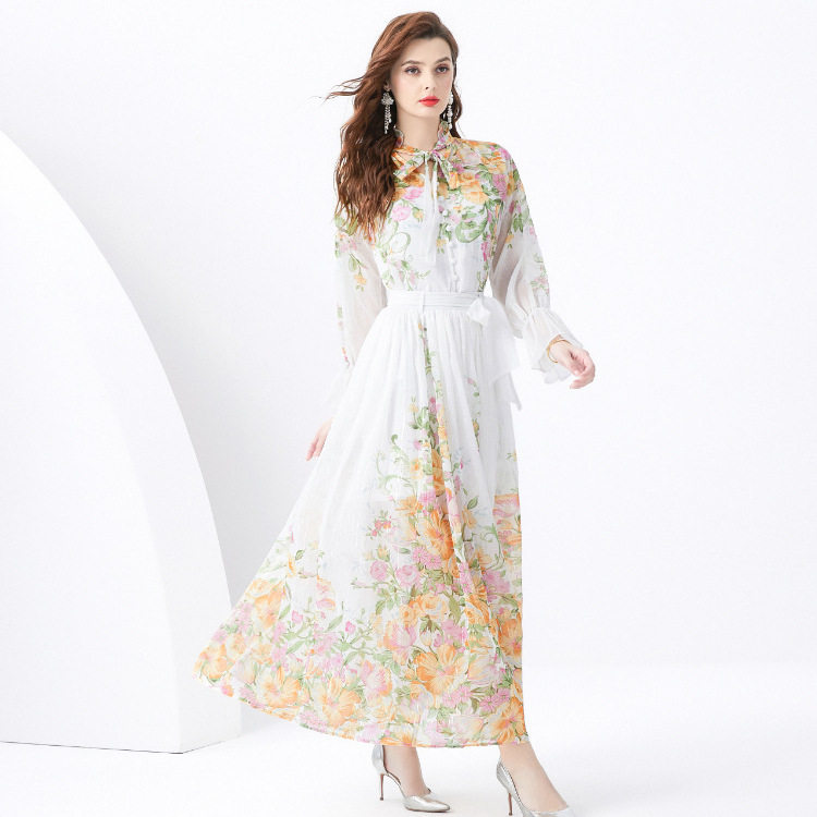 Womens Vacation Set Long Sleeve Printed Chiffon Top High Waist Maxi Skirt Stylish and Youthful Wholesale Available