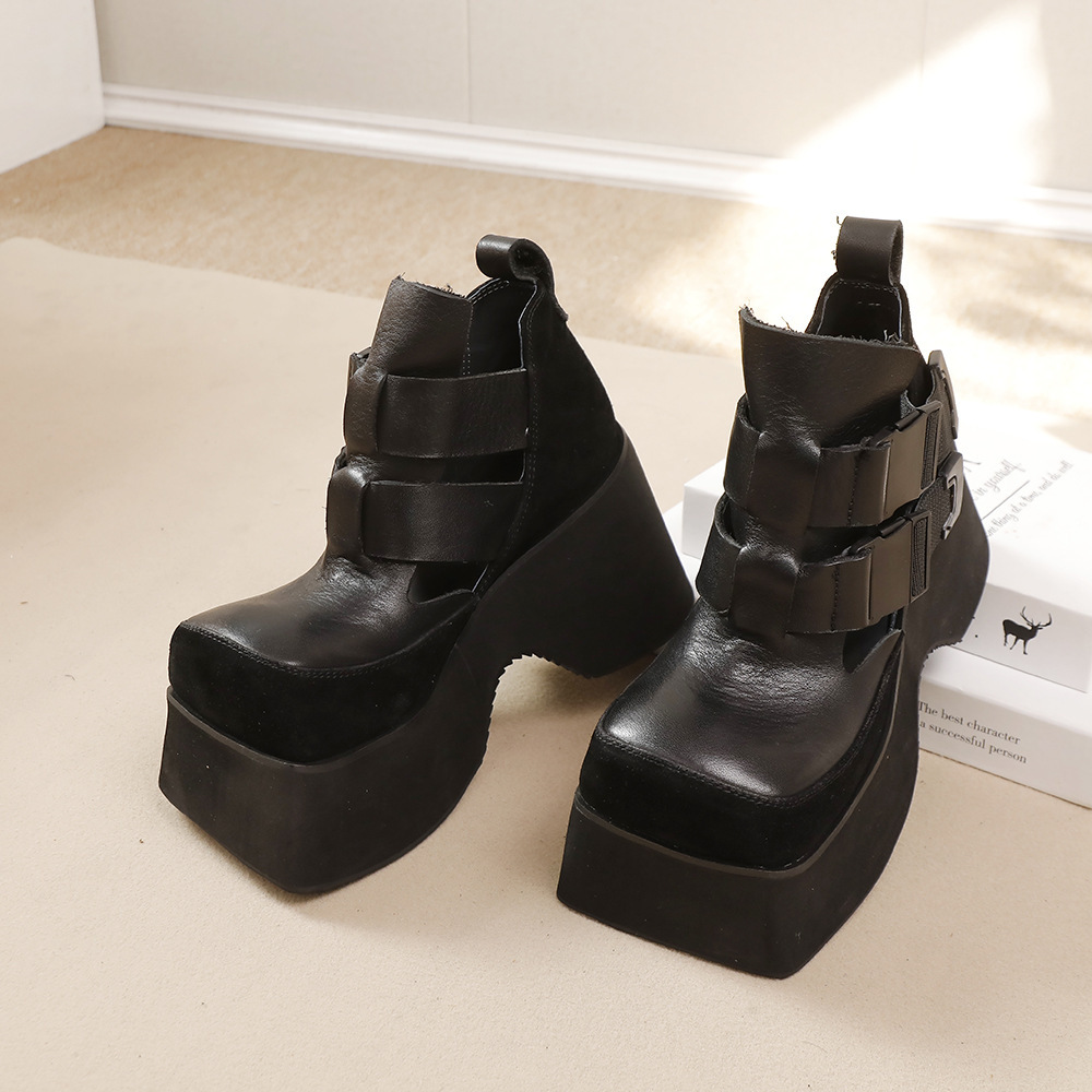 Giày nữ da bò thật đế dày 10cm mũi vuông phong cách cổ điển — Màu đen, Màu nâu nhạt