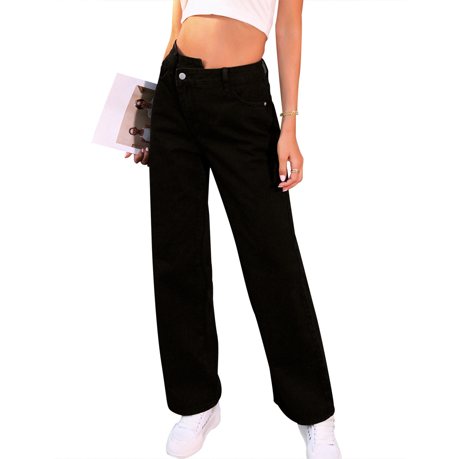 High Waisted Loose Fit Denim Trousers Casual Style Comfortable Fabric Flattering Design Perfect for Everyday Wear