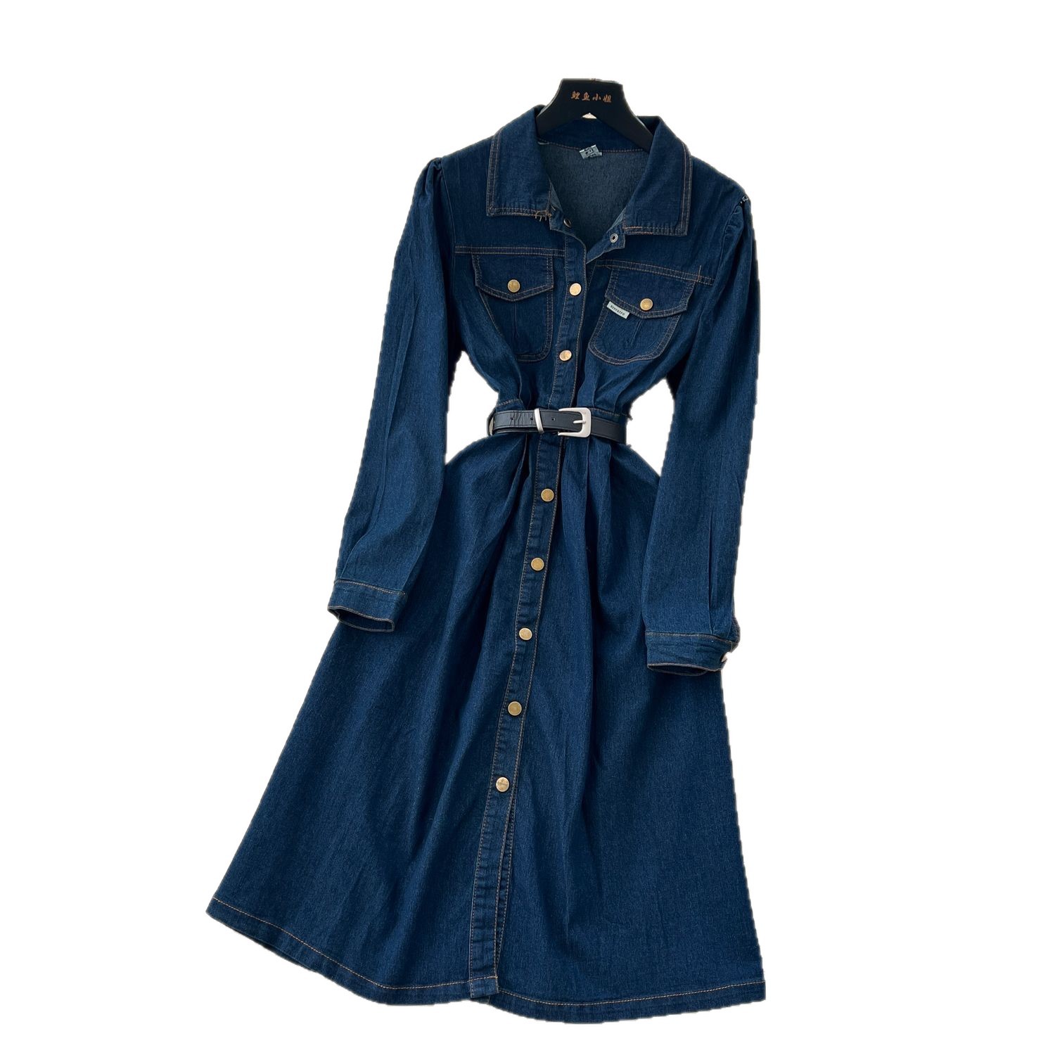 Vintage French Style Long Sleeve Button Up Waist Tie Dress Denim Fabric Retro Collar Elegant Fit Autumn Fashion