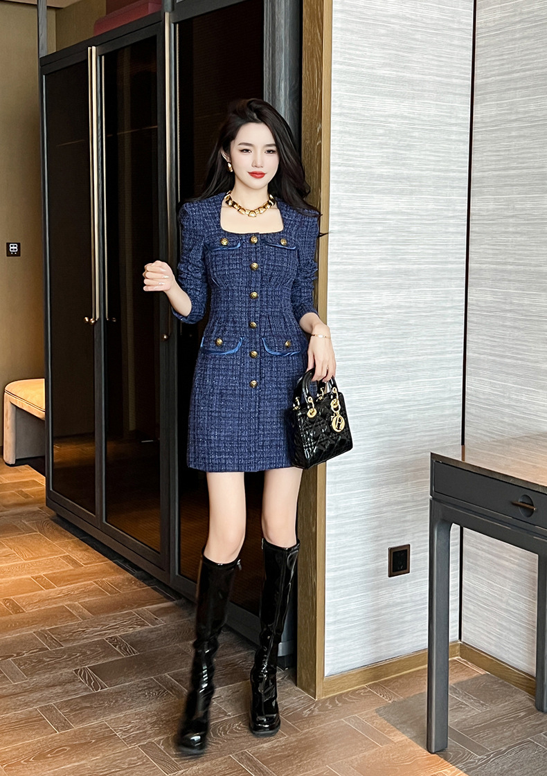 Đầm nữ dáng chữ A cổ vuông thắt eo vải tuýt dài tay — Màu tím xanh lam