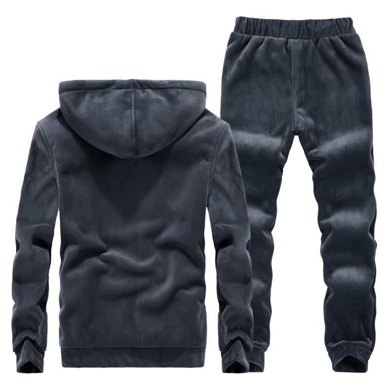 冬季银狐绒套装男连帽加绒卫衣中老年加绒套装时尚潮流休闲服装男