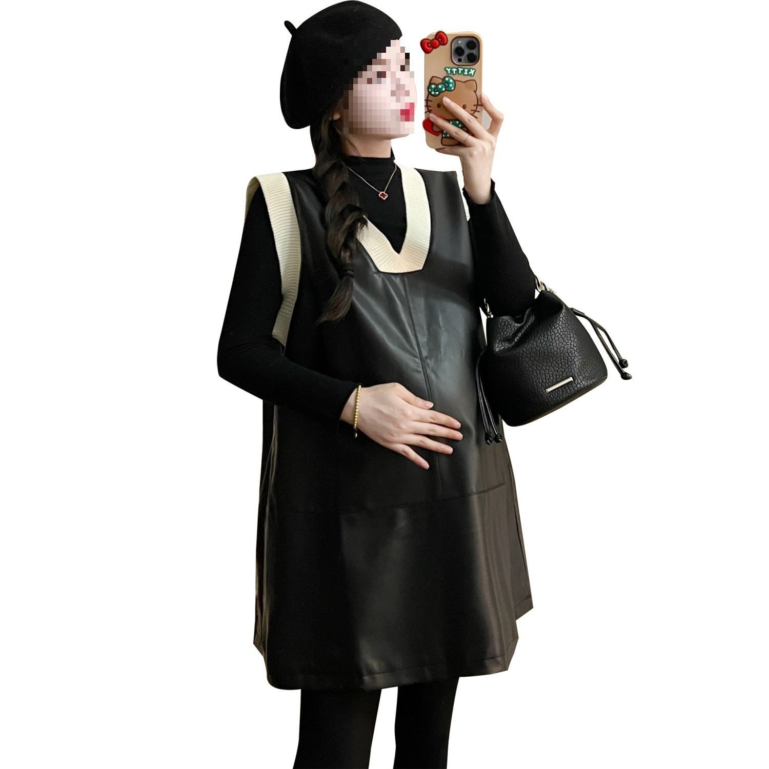 Maternity Wear Spring New Style Black Sweet Cool Style Leather Contrast Vest Dress Suit Fashion Dress Petite