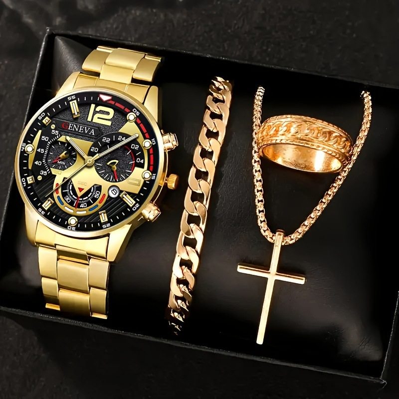 Men's 4-piece Luxury Stainless Steel Quartz Watch with Calendar Gold Cross Necklace Bracelet and Ring