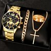 Men's 4-piece Luxury Stainless Steel Quartz Watch with Calendar Gold Cross Necklace Bracelet and Ring