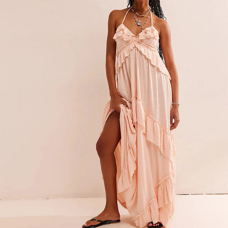 Summer Womens Dress Casual Loose Fit Solid Color Spaghetti Strap Vacation Style Wholesale Available