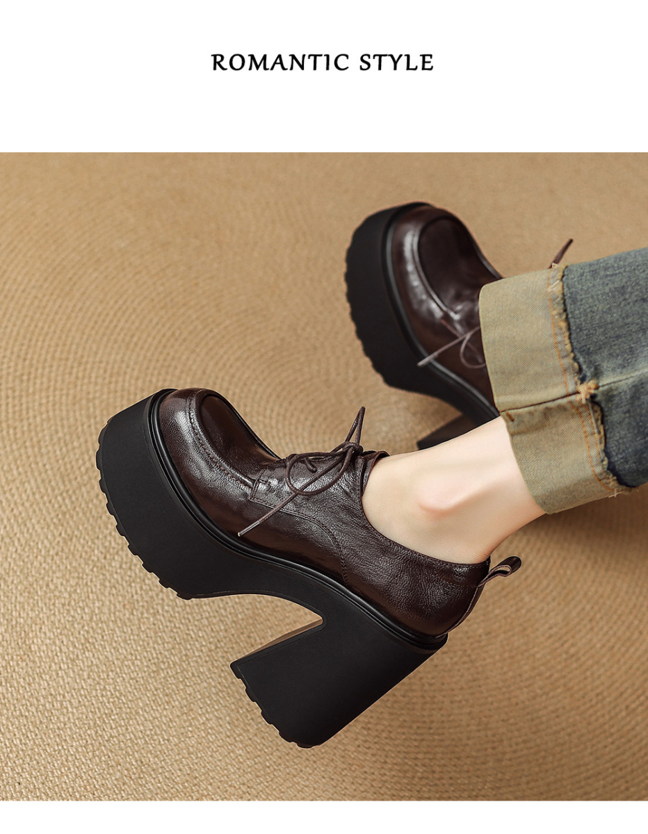 Giày lười nữ da cừu thắt dây gót cao 12cm đế xuồng — màu đen, màu nâu