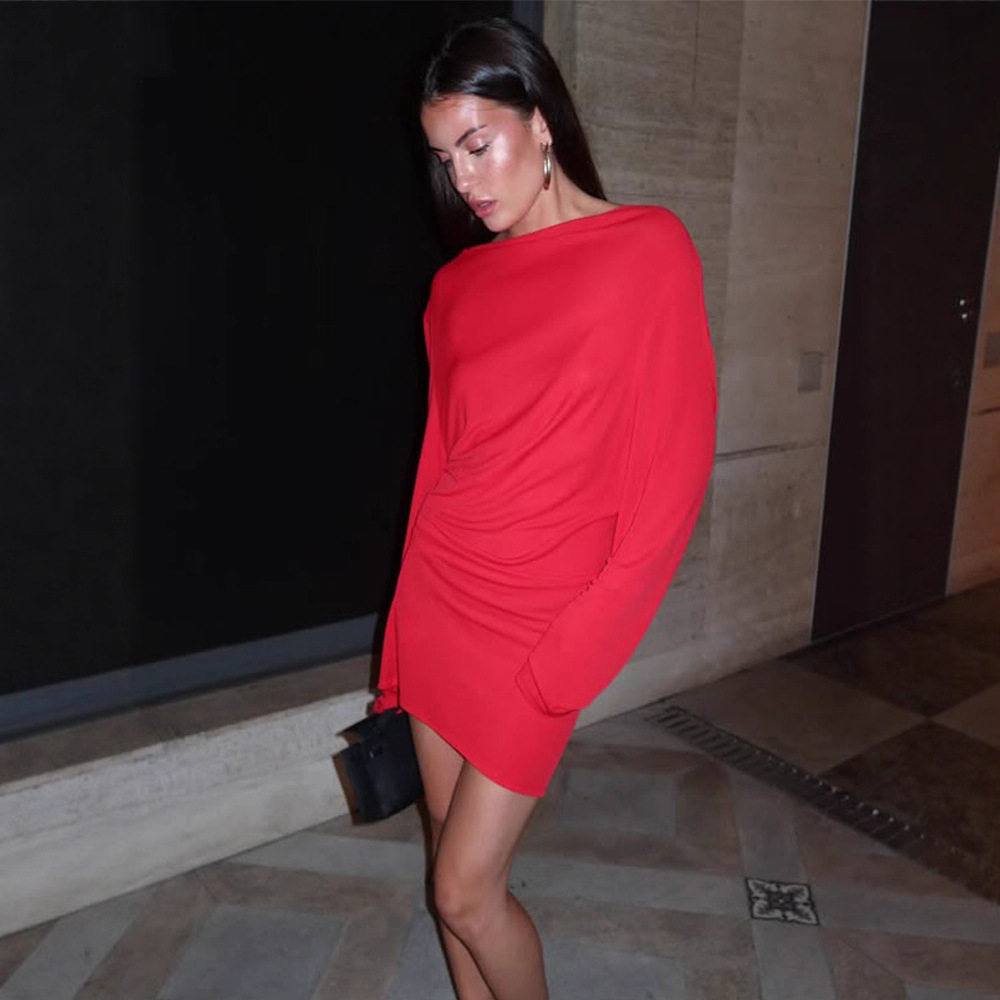 Elegant Red V Neck Backless Dress Slim Fit Solid Color Sophisticated Style Perfect for Parties and Formal Events