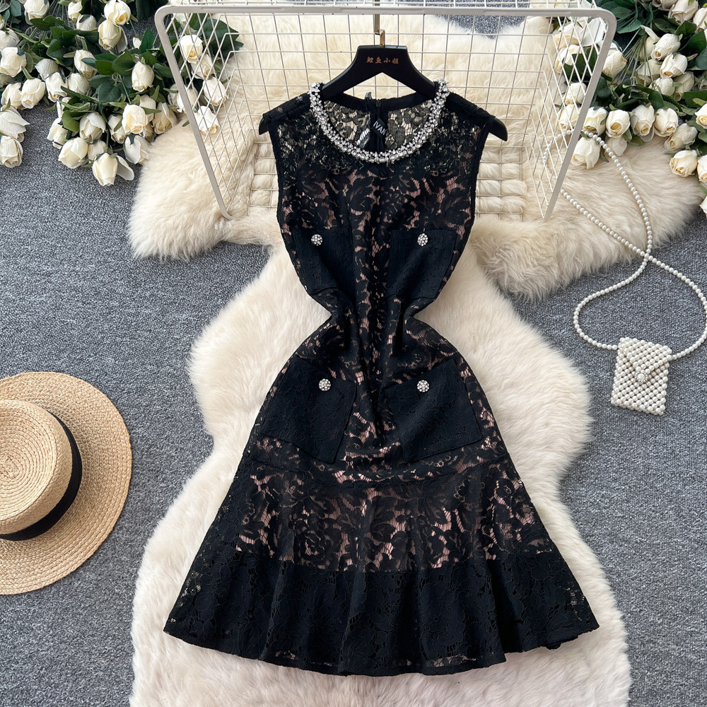 Lace A Line Dress Rhinestone Embellished Sleeveless High Waist Hollow Out Design Elegant Office Wear Wholesale