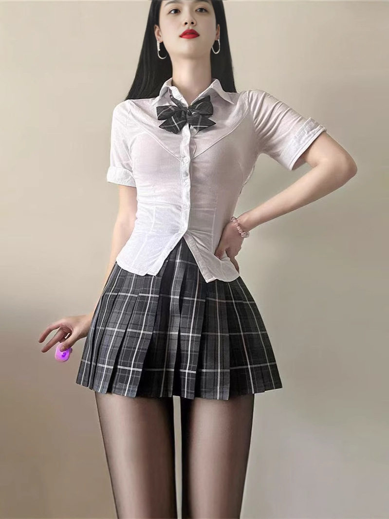 Suit Jk Uniform Shirt Waist Slimming Look Two-Piece Pleated Skirt Preppy Style Puff Sleeve Pure Lust Style Skirt