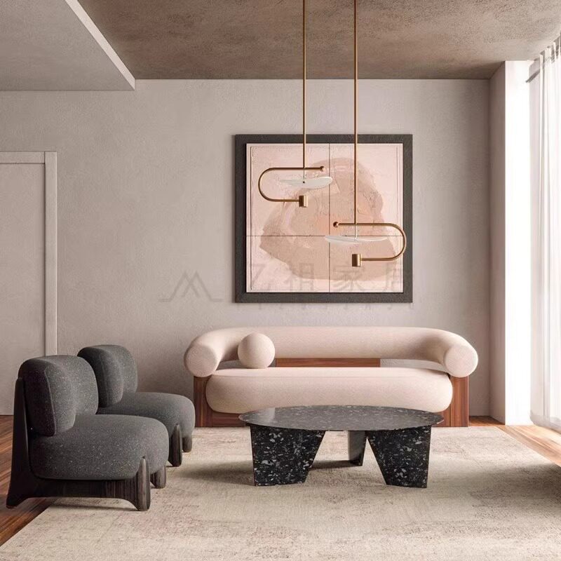 北欧简约小户型客厅民宿诧寂风实木沙发双三人设计师创意弧形沙发