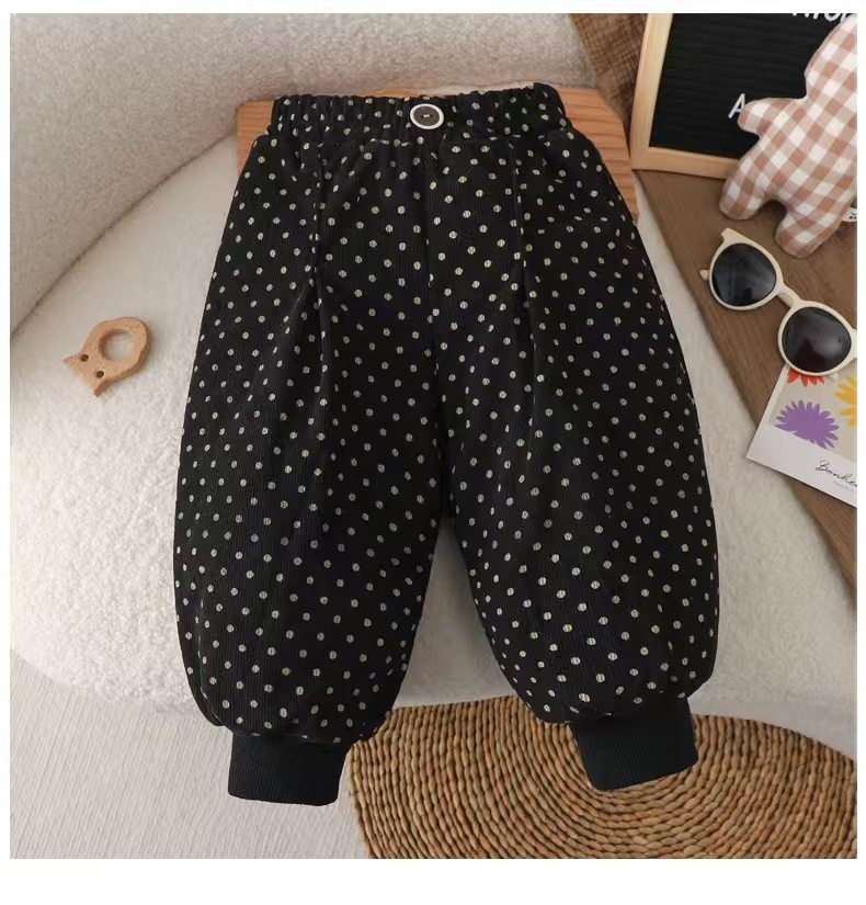 Girls' New Autumn & Winter Pants, Polka Dot Korean Style Floral Three-Layer Padded Trousers, Versatile Baby Cuffed Casual Long Pants