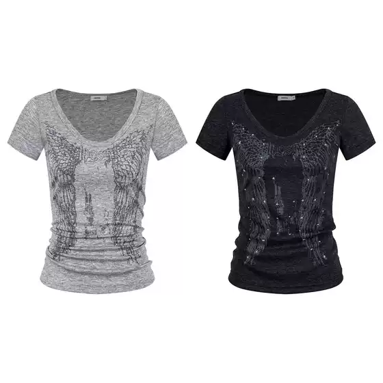 UNBDNS y2k subculture shoulder short sleeved women's summer print slim fit short V-neck T-shirt ancient early light Asian top