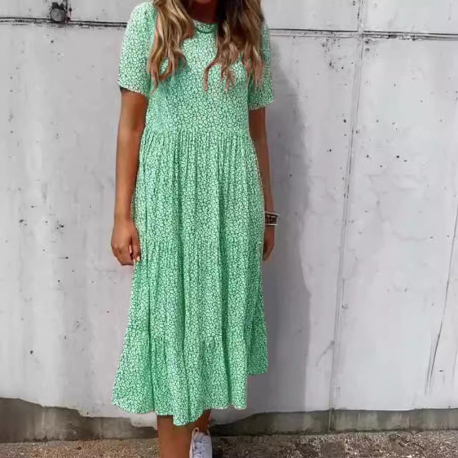 Floral Print Short Sleeve Dress Round Neck Summer Style Casual Wear Wholesale Available low MOQ