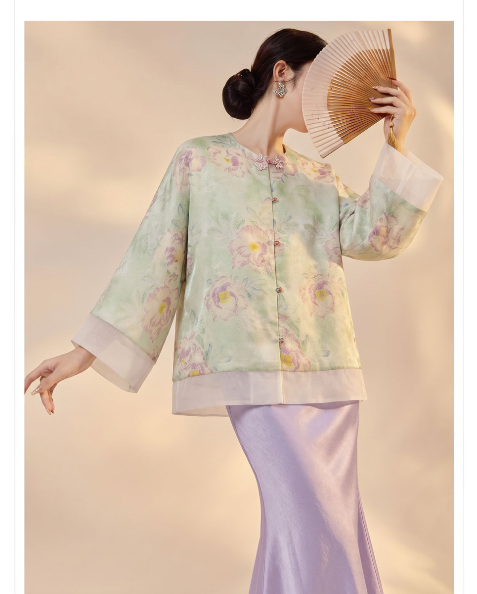 Bộ áo khoác dệt jacquard dáng dài tay kèm chân váy dài nữ tính — Chân váy màu tím, Xuân Huy Lục, Bộ