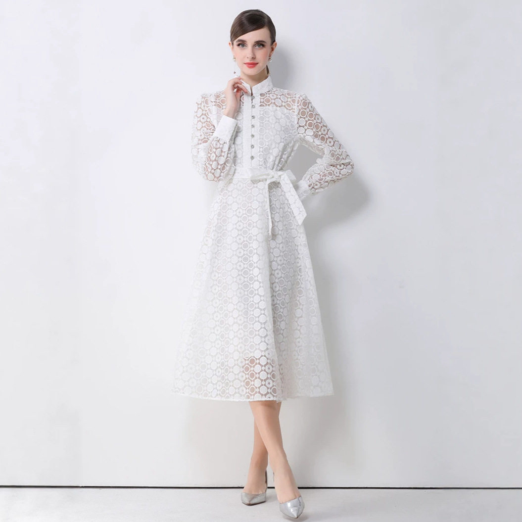 French Vintage Embroidered Mesh Dress High Neck Waist Tie Flared Skirt Elegant Spring and Autumn Wear Wholesale