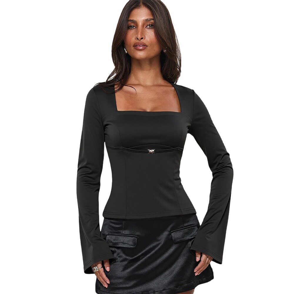 Black Womens Top Unique Design Square Neckline M Shaped Metal Buckle Ruffled Details Slim Fit Long Sleeve