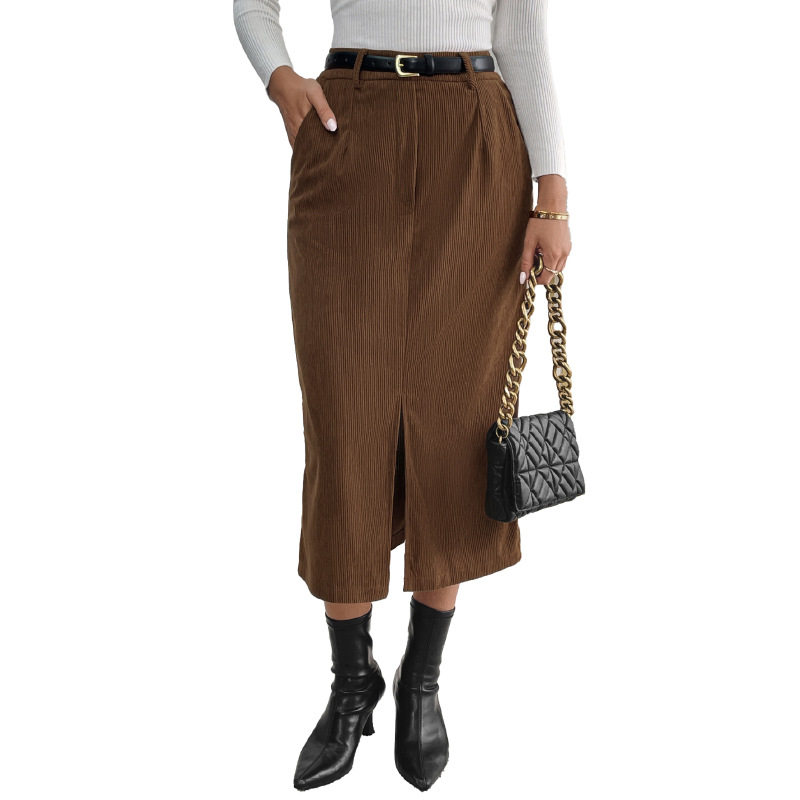 High Waisted Corduroy Midi Skirt Vintage Style Solid Color Split Design Autumn Winter Fashion Wholesale Available