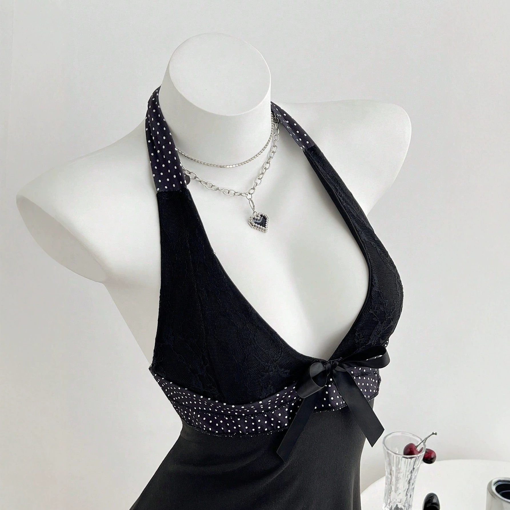 V Neck Halter Mini Dress Ruffled Hem Bow Tie Slim Fit Elegant Evening Wear Ready to Ship private label