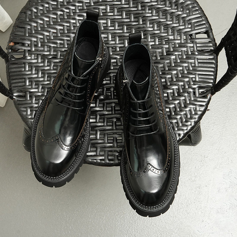 Boot Nam Cao Cổ Da Bóng Brogue Chiều Cao Đế Khoảng 5cm Màu Đen, Nâu