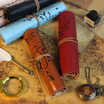 Creative Treasure Map Retro Pu Leather Large-Capacity Roll-Up Pencil Bag Simple Stationery Box Nautical Scroll Niche
