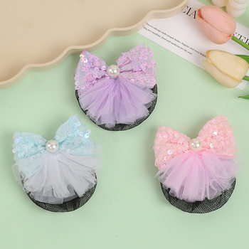 New fashion children's hair net color sequins bow coil hair net pocket girl dance ball head pan head flower