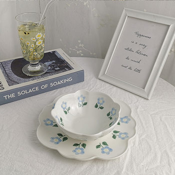 Xinming's New Scandinavian Style Retro Blue Flower Dessert Plate Home Fruit Salad Bowl Breakfast Plate Ceramic Tableware