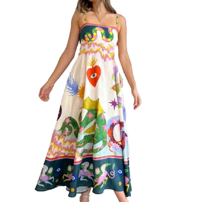 Loose Fit Art Print Off Shoulder High Waist Maxi Dress Spring Collection for Women Stylish Casual Wear Wholesale