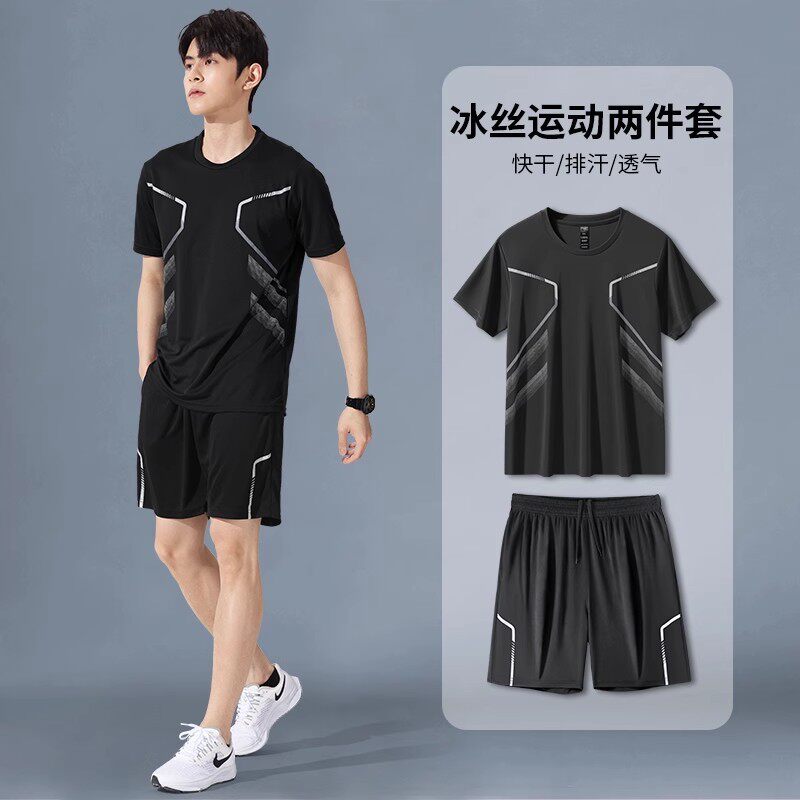 跨境运动服套装男跑步短袖冰丝夏季速干衣篮球服羽毛健身衣服短裤