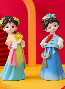 国潮古风大唐风华少女抱猫看书撒娇举手打坐提灯笼拿扇子工艺摆件