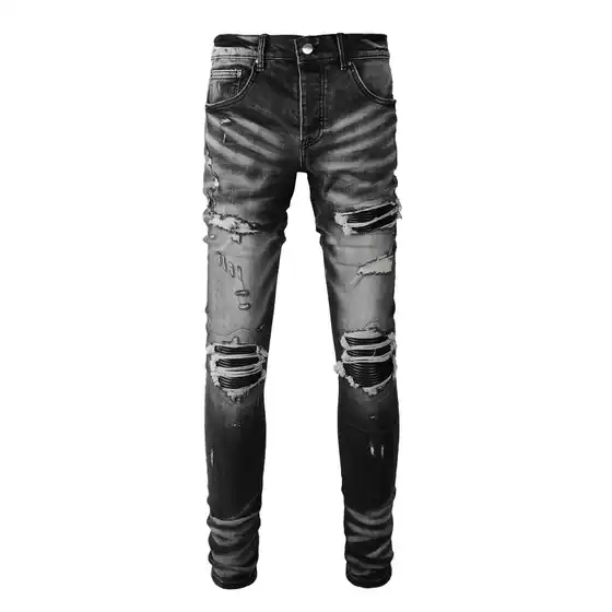 Street fashion brand men's jeans retro black gray ripped slim leather men's denim pants wholesale